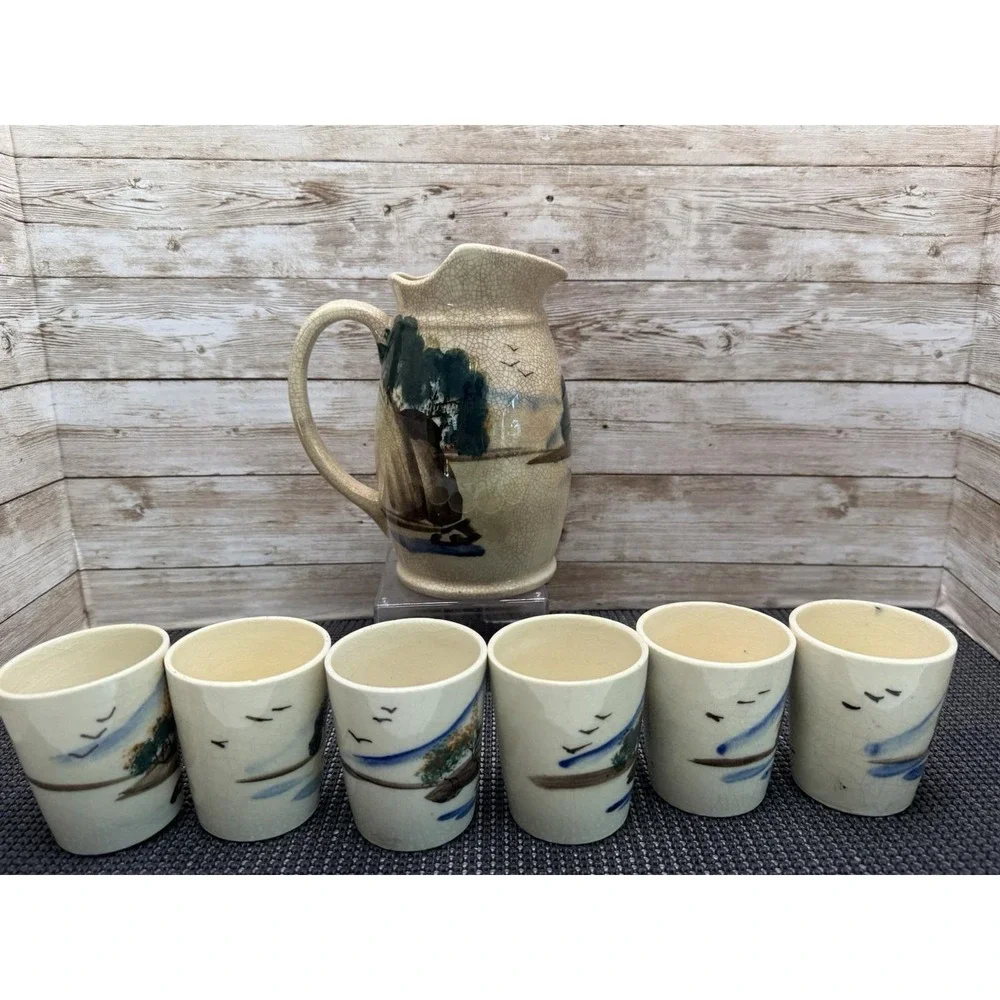 1940 Japanese Ceramic Pitcher 6 Tumbler Set Hand Painted Village Scene Showa VTG